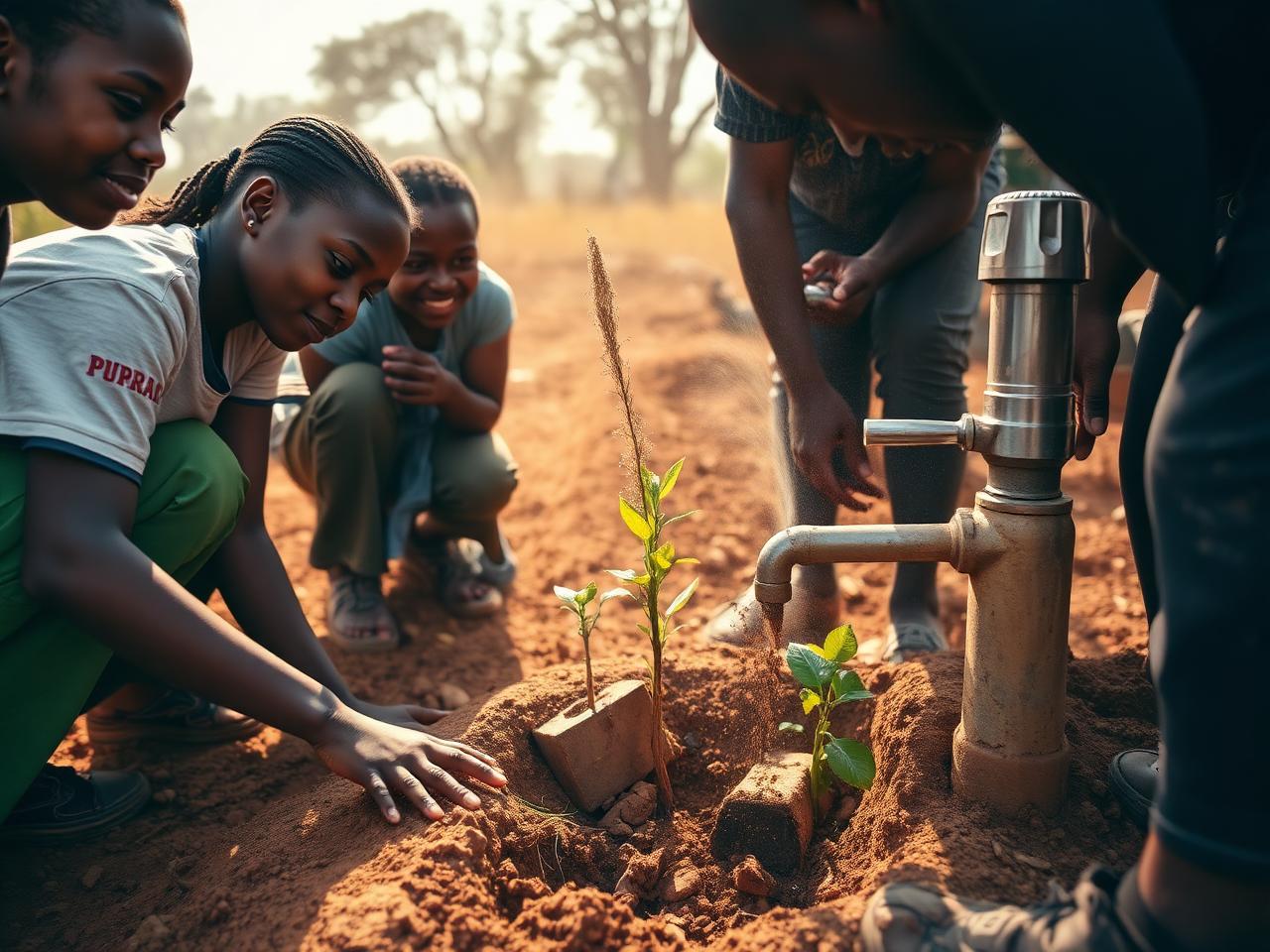 Members planting seedlings beside a new water tap